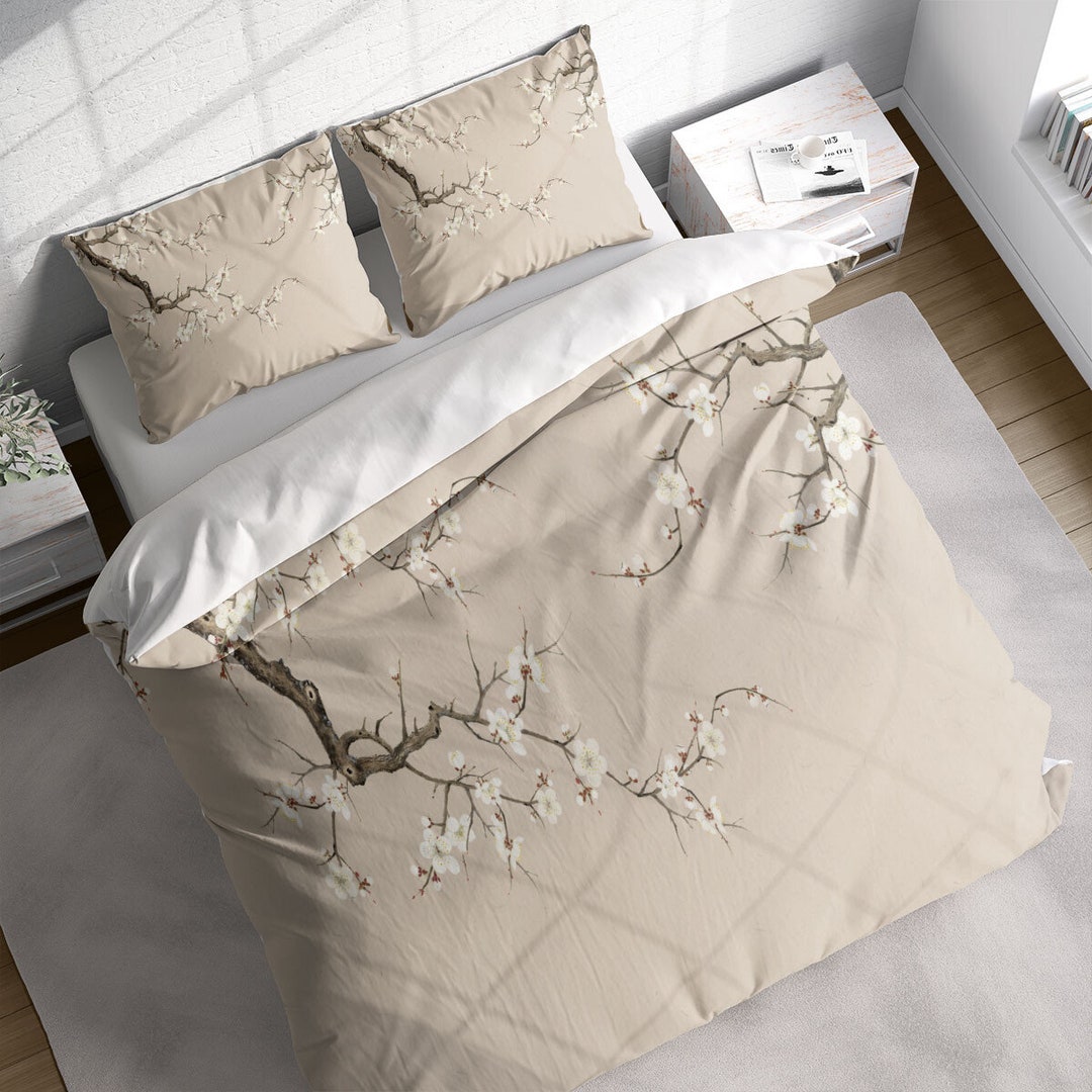 Japanese Pure White Cherry Blossom Duvet Cover Set, Botanical Bedding
