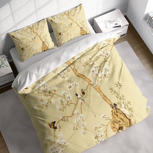 Japanese Plum Blossom Birds Duvet Cover Set, Yellow Bedding Set, Vintage Drawing Quilt Cover, Cotton, Single Double Full Queen King Size