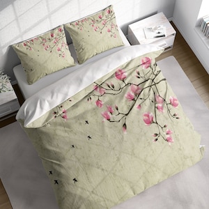 Chinoiserie Red Flower Branch Birds Duvet Cover Set, Botanical Bedding, Nature Floral Comforter Cover, Single Double Full Queen King Size
