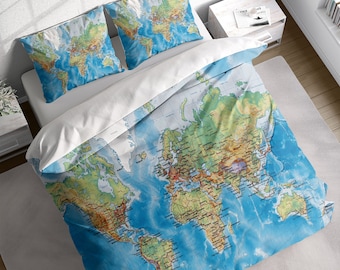 World Map Duvet Cover Set, World Countries Bedding Set, Road Map Quilt Cover, Cotton Comforter Cover, Single Double Full Queen King Size