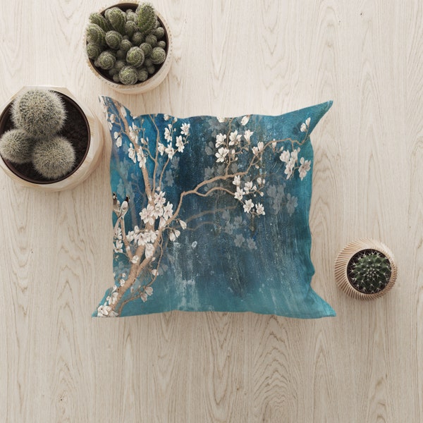 Housse de coussin fleurs de cerisier du Japon, housse de coussin fleurs oiseaux, coussin décoratif botanique lin, coton ou velours