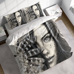 Dancer Girl n Feather Fan Duvet Cover Set, Art Painting Bedding Set, Custom Comforter Cover, Quilt Cover, Single Double Full Queen King Size