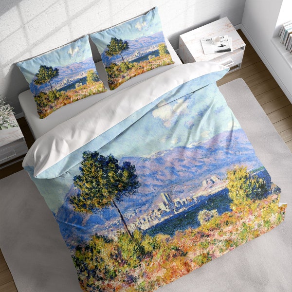 Natural Landscape Tree Duvet Cover Set, Claude Monet Oil Painting View Of Antibes From The Plateau Notre-Dame, Queen King Bedding