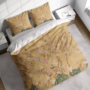 Chinese Flower Branches Painting Duvet Cover Set w Pillowcases, Brown Japanese Floral Quilt Cover, Single Double Queen King US / AU Size