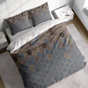 Brown and Grey Honeycomb Duvet Cover Set, Geometrical Pattern Dark Bedding Set, Cotton Quilt Cover, Single Double Full Queen King Size