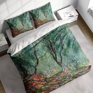 Puede incluir: Una funda nórdica verde y blanca con una pintura de un bosque de árboles. La funda nórdica está hecha de tela suave y cómoda y presenta un diseño único y artístico.