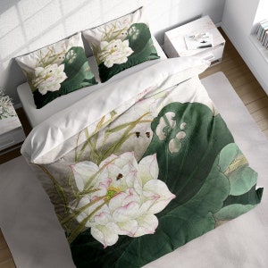 Lotus Bee Duvet Cover Set, Floral Chinese Bedding Set, Botanical Comforter Cover w Pillowcases, Single Double Twin Full Queen King Size
