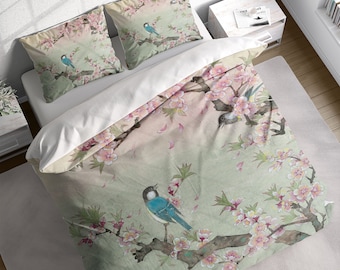 Plum Blossom Magpie Couple Duvet Cover Set, Asian Chinese Bedding Set, Comforter Cover w Pillowcases, Twin Full Queen King Size
