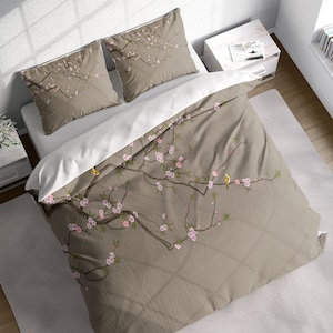 Juego de funda de edredón con diseño de pájaros y flores de cerezo rosa japonés, ropa de cama botánica, funda de edredón con flores naturales, tamaño individual, doble, matrimonial, queen y king