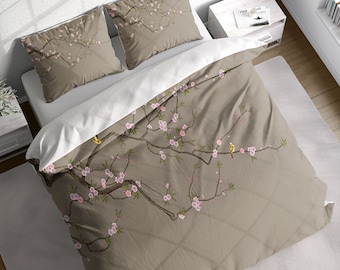 Japanese Pink Cherry Flowers Birds Duvet Cover Set, Botanical Bedding, Nature Floral Comforter Cover, Single Double Full Queen King Size