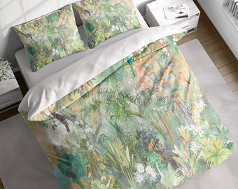 Jungle Forest Birds Painting Duvet Cover Set, Green Leafy Floral Quilt Cover, Single Double Full Queen King, Doona Cover, Cotton Bedding Set