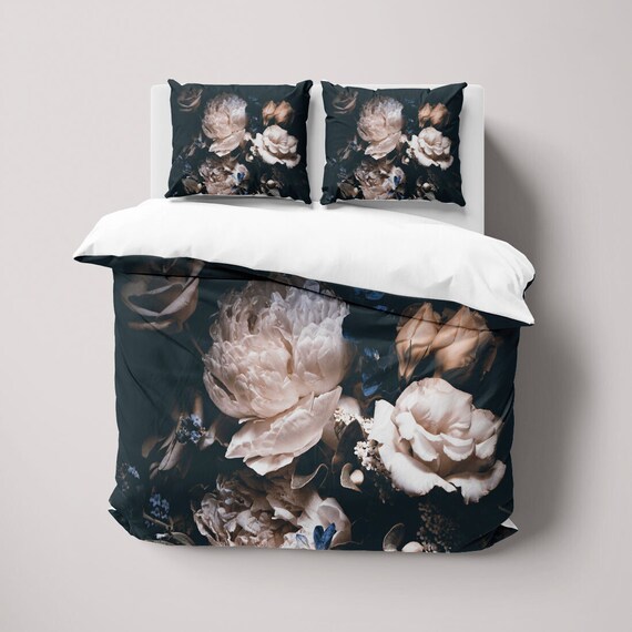Dark Rose Duvet Cover Set, Dutch Floral Bedding Set, Botanical