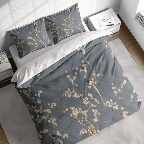 Pink Cherry Blossom Birds Cage Grey Duvet Cover Set Botanical Bedding Nature Floral Comforter Cover Single Double Full Queen King Size Etsy UK