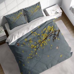 Japanese Yellow Ginkgo Leaves Birds Duvet Cover Set, Botanical Bedding, Nature Floral Comforter Cover, Single Double Full Queen King Size