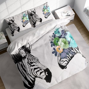 Zebra Couple Wreath Watercolor Painting Duvet Cover Set w Pillowcases, Animals Floral Quilt Cover, All Single Double Queen King US AU Size