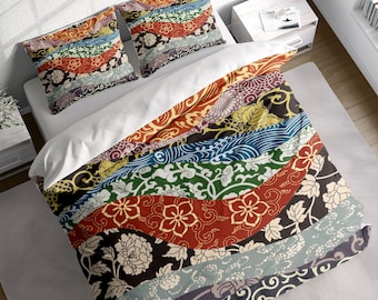 May include: A duvet cover with a colorful patchwork design featuring a variety of floral and geometric patterns in shades of red, blue, green, and yellow. The duvet cover is made of soft, comfortable fabric and is perfect for adding a touch of style to any bedroom.