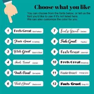 Puede incluir: Un gr&aacute;fico que muestra 12 estilos de fuente diferentes para el texto "Feels Great". Cada estilo de fuente est&aacute; etiquetado con su nombre, como "Abril Fatface", "Ar Berkley" y "Pacifico".