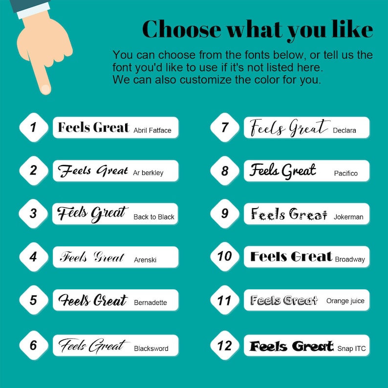 Puede incluir: Un gr&aacute;fico que muestra 12 estilos de fuente diferentes para el texto "Feels Great". Cada estilo de fuente est&aacute; etiquetado con su nombre, como "Abril Fatface", "Ar Berkley" y "Pacifico".