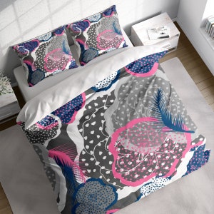 Flower Ethnic Duvet Cover Set, Blue Floral Bedding, Single Double Full Cali Queen King Size, Text n Size Customizable