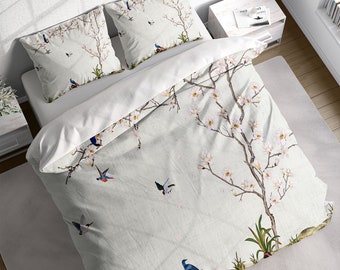 Magnolia Flower Bird Hillside Duvet Cover Set, Botanical Quilt Cover Bedding Set w Pillowcases, Twin Full Queen King Size, US UK AU