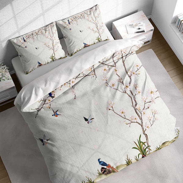 Ensemble de housse de couette Magnolia Flower Bird Hillside, Ensemble de literie avec housse de couette botanique et taies d'oreiller, Twin Full Queen King Size, US UK AU