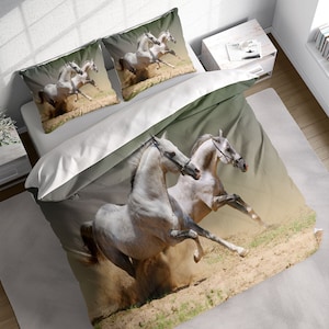 White Horses Duvet Cover Set, Animals Bedding Set, Brown Nature Quilt Cover, Cotton Comforter Cover, Single Double Full Queen King Size