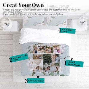 Puede incluir: Un juego de cama floral azul y blanco con un collage de fotos en el centro. El juego de cama es personalizable con texto y fotos. El texto "Sweet Morning" est&aacute; escrito en cursiva en la ropa de cama.