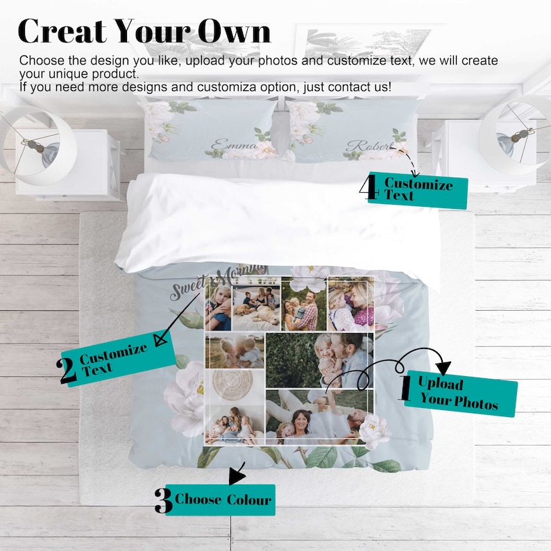 Puede incluir: Un juego de cama floral azul y blanco con un collage de fotos en el centro. El juego de cama es personalizable con texto y fotos. El texto "Sweet Morning" est&aacute; escrito en cursiva en la ropa de cama.