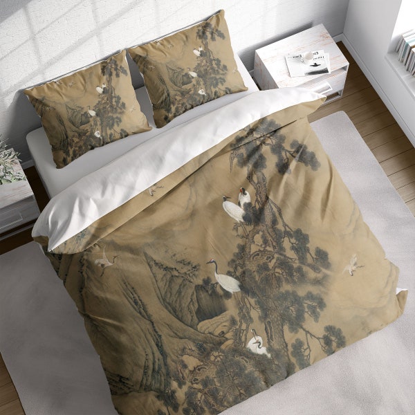 Chinese Crane Pine Mountain Duvet Cover Set, Vintage Birds Leaves Quilt Cover, Nature Floral Bedding Set, Single Double Full Queen King Size