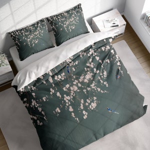 Japanese Pink Cherry Blossom Birds Duvet Cover Set, Botanical Bedding, Nature Floral Comforter Cover, Single Double Full Queen King Size