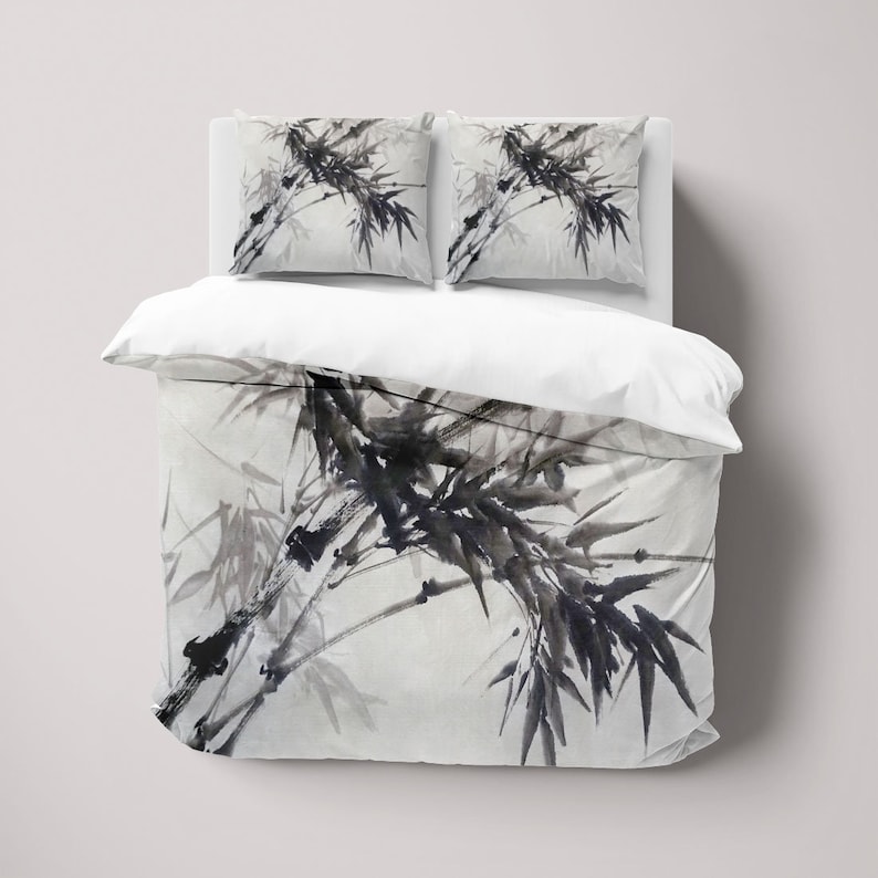 Chinese Ink Bamboo Duvet Cover Set, Japanese Botanical Leaves Quilt ...