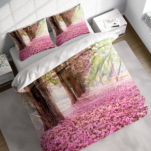 Pink Cherry Blossom Duvet Cover Set, Japanese Cherry Bedding Set, Botanical Floral Quilt Cover, Single Double Full Queen King Size, Cotton