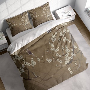 Japanese White Cherry Blossom Birds Duvet Cover Set, Botanical Bedding, Nature Floral Comforter Cover, Single Double Full Queen King Size