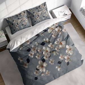White Cherry Blossom Duvet Cover Set, Nature Floral Bedding Set, Botanical Comforter Quilt Cover, Single Double Full Queen King Size