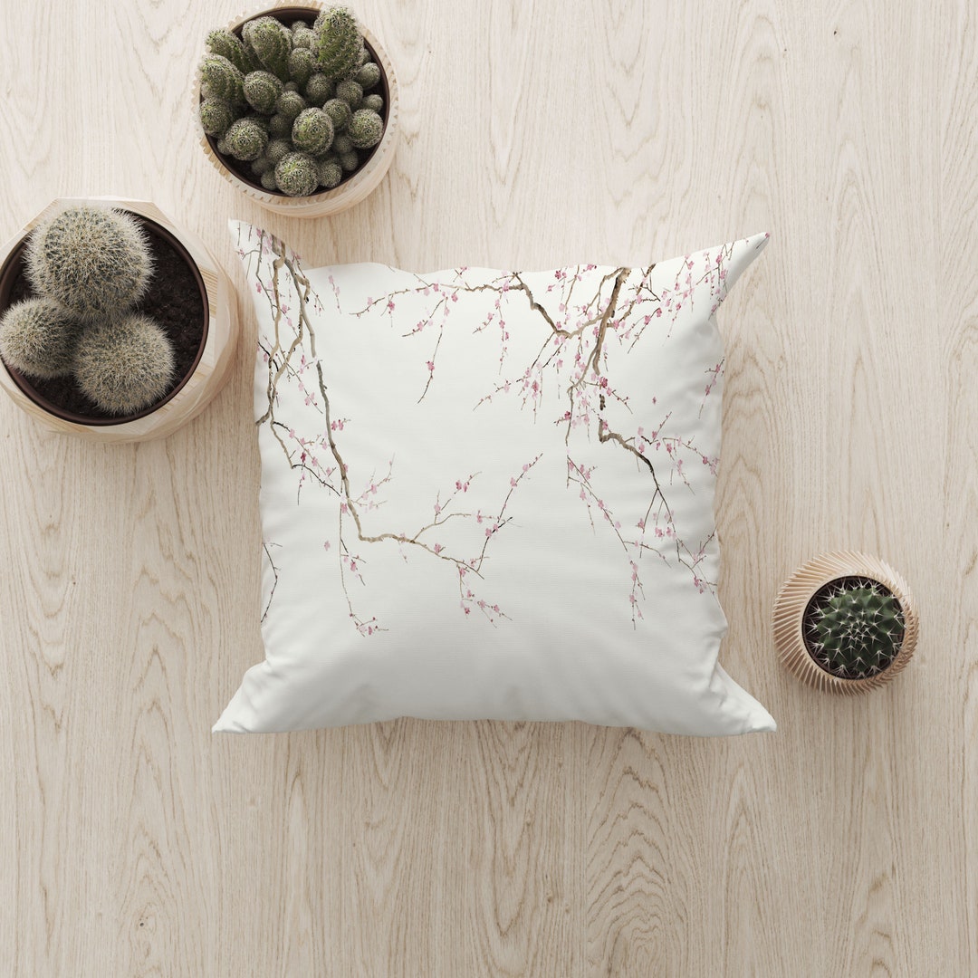Japanese Cherry Blossom Throw Pillow Cover, Floral Cushion Cover, White