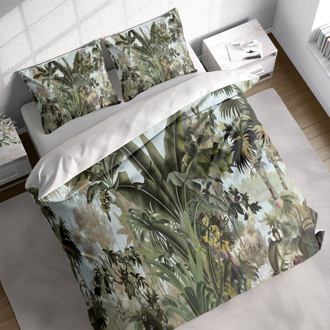 Jungle Leaves Duvet Cover Set, Green Tropical Plant Bedding Set, Nature ...