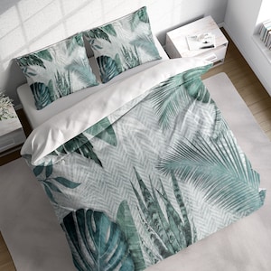 Banana Leaf Forest Duvet Cover Set, Green Tropical Comforter Cover Set, Nature Botanical Bedding Set, Single Double Full Queen King Size