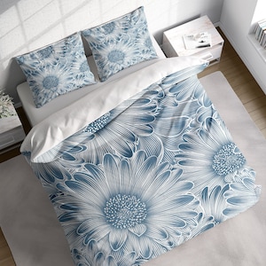 Pencil Delicate Peony Botanical Duvet Cover Set, Blue Floral Bedding, Single Double Full Cali Queen King Size, Text n Size Customizable