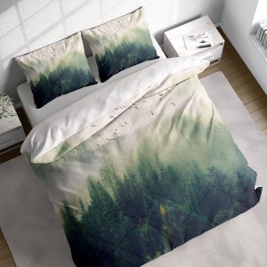Misty Forest Birds Duvet Cover Set w Pillowcases, Smoky Green Mountains Printed Quilt Cover, Single Double Queen King US / AU Size