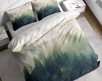 Misty Forest Birds Duvet Cover Set w Pillowcases, Smoky Green Mountains Printed Quilt Cover, Single Double Queen King US / AU Size