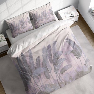 Pink Banana Leaves Duvet Cover Set, Tropical Leaves Bedding Set, Nature Botanical Quilt Cover, Single Double Full Queen King Size Doona