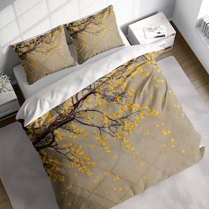 Golden Japanese Ginkgo Leaves Painting Duvet Cover Set, Brown Chinese Floral Comforter, Nature Duvet Cover, Single Double Queen King US Size