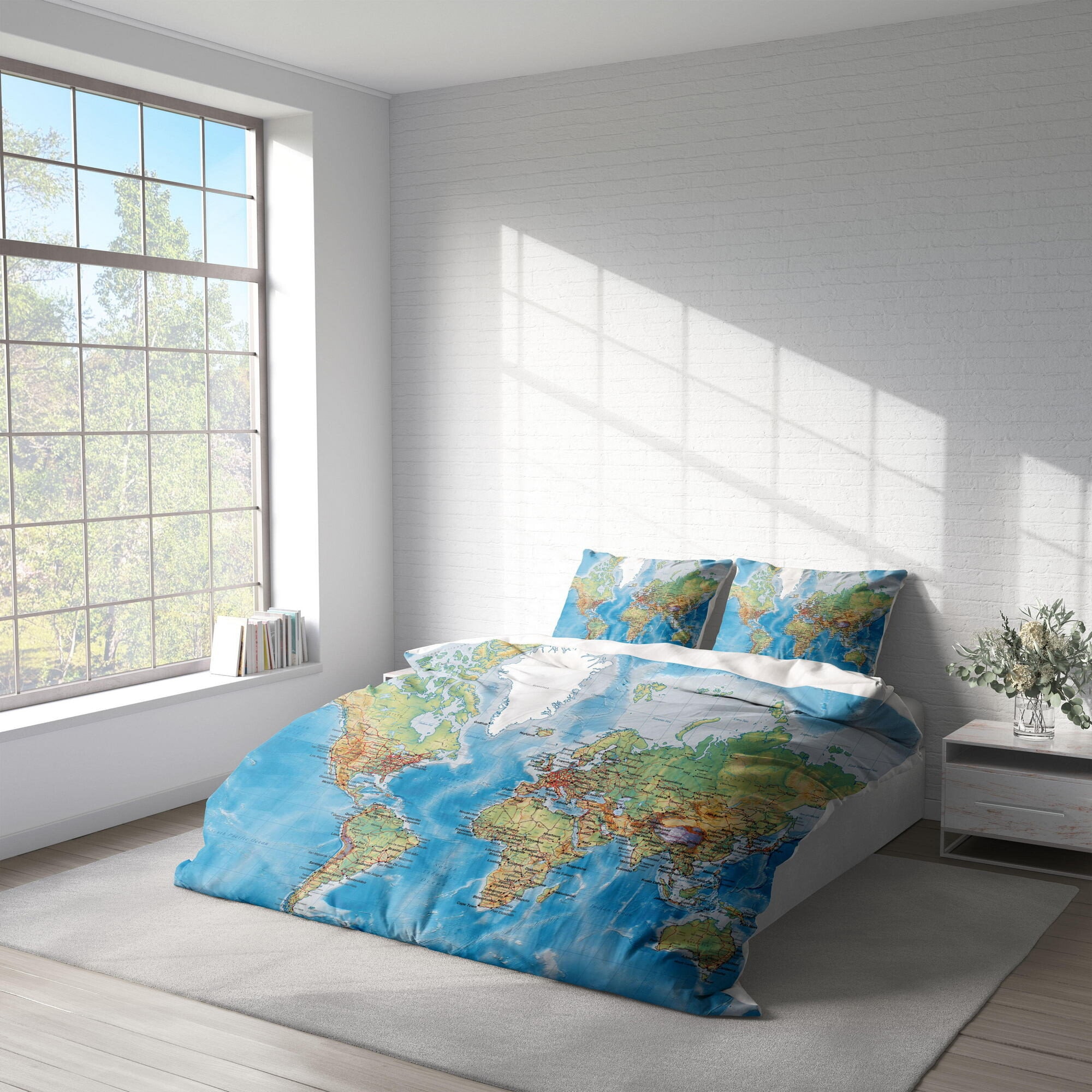World Map Duvet Cover Set, World Countries Bedding Set, Road Map Quilt ...