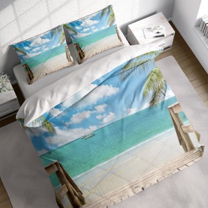 Sunny Summer Beach Duvet Cover Set, Nature Palm Bedding Set, Seaside Clouds Quilt Cover, Comforter Cover, Single Double Full Queen King Size