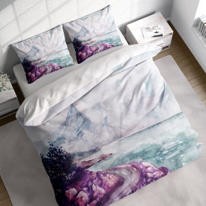 Watercolor River Snow Mountain Duvet Cover Set, Landscape Quilt Cover Bedding Set w Pillowcases, Twin Full Queen King Size, US UK AU
