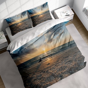 Sunset Beach Seagull Duvet Cover Set, Summer Vacation Bedding Set, Seaside Birds Animals Quilt Cover, Single Double Full Queen King Size