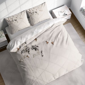 Conjunto de capa de edredom com pintura de pássaros de bambu japonês com fronhas, roupa de cama botânica floral chinesa, solteiro, casal, queen, king, tamanho EUA, AU