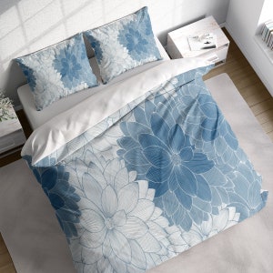 Flowers Full Bloom Botanical Duvet Cover Set, Blue Floral Bedding, Single Double Full Cali Queen King Size, Text n Size Customizable
