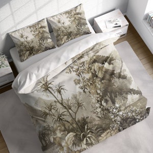 Jungle Forest Feldmalerei Bettbezug-Set, grüner, belaubter Blumenbettbezug, Einzeldoppelvollköniginkönig, Doona-Bezug, Baumwollbettwäscheset