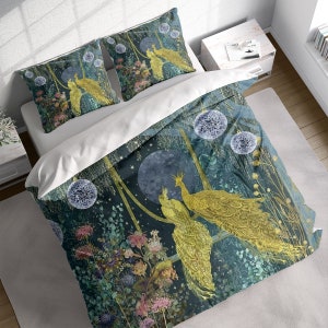 Gold Peacock Flower Garden Painting Duvet Cover Set w Pillowcases, Japanese Floral Comforter Cover, Single Double Queen King US / AU Size
